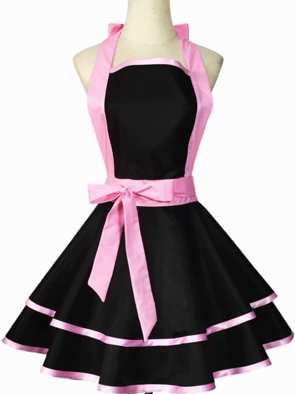 Vintage-Inspired Black Dress apron with Pink Trim and Belt